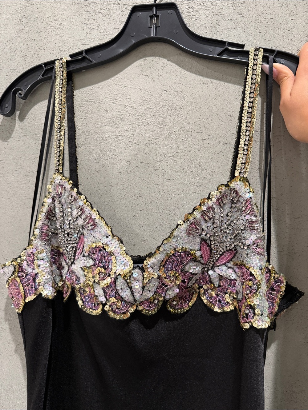 Valentino Black Camisole with Pink & Gold Sequin Floral Embroidery